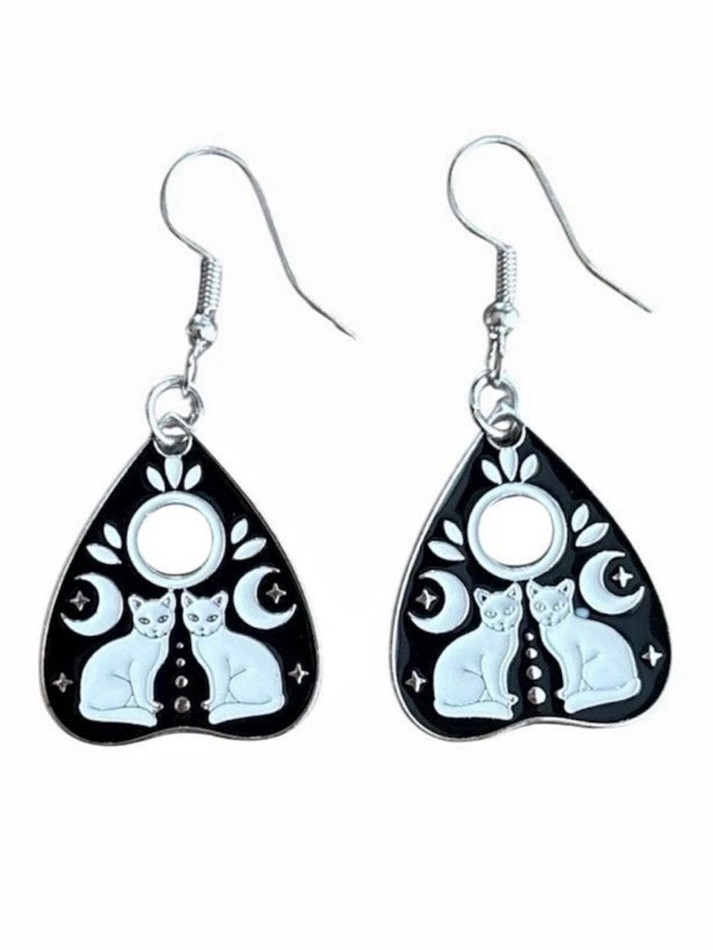 Cat & Moon Planchette Dangle Earrings in Black & White